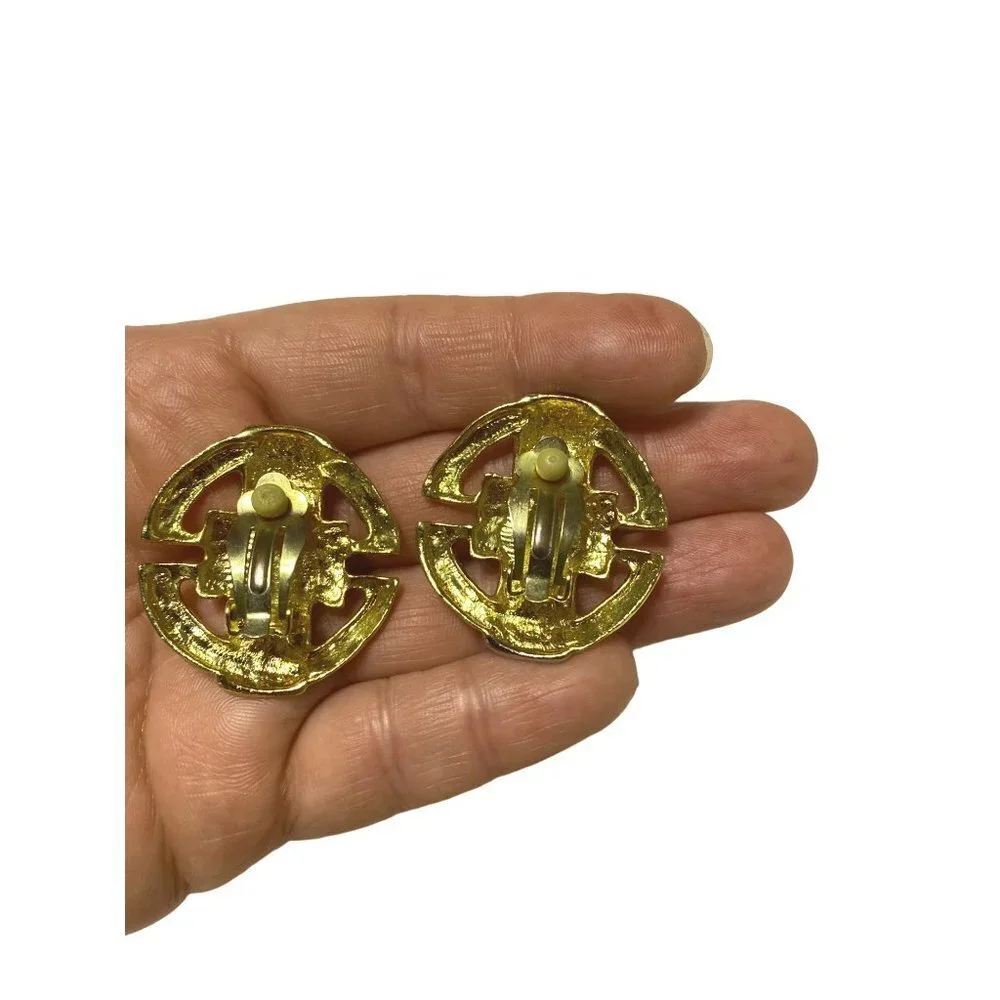 Vintage Clip Earrings Chunky Sandy Gold & silver Tone Metallic Round Geometric 1
